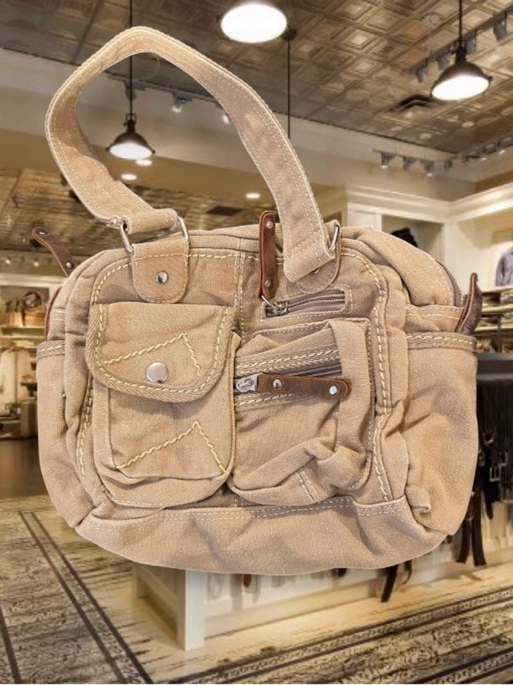 Y2k Canvas Cargo Shoulder Bag in Tan